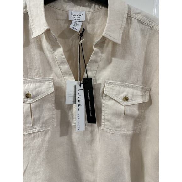 Nicole Miller Linen Top XL Beige Short Sleeve Button Pocket Boho NWT - Picture 5 of 10